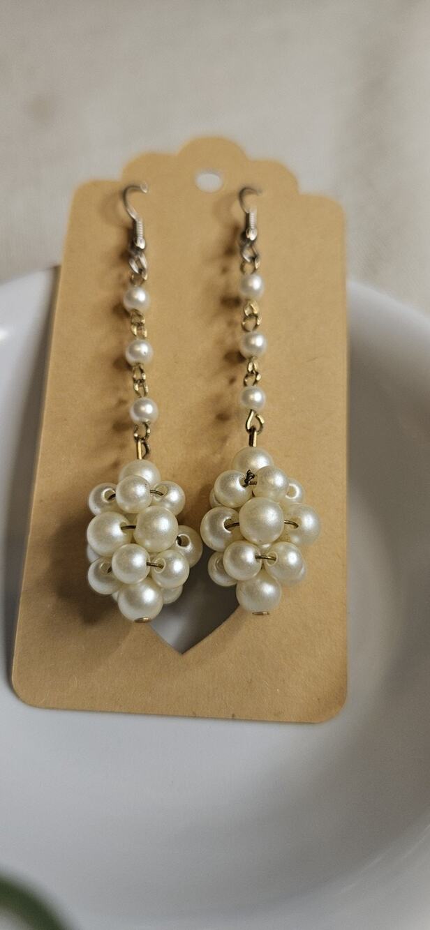 Faux Pearl Grape Style Cluster Pierced Dangle Earrings
